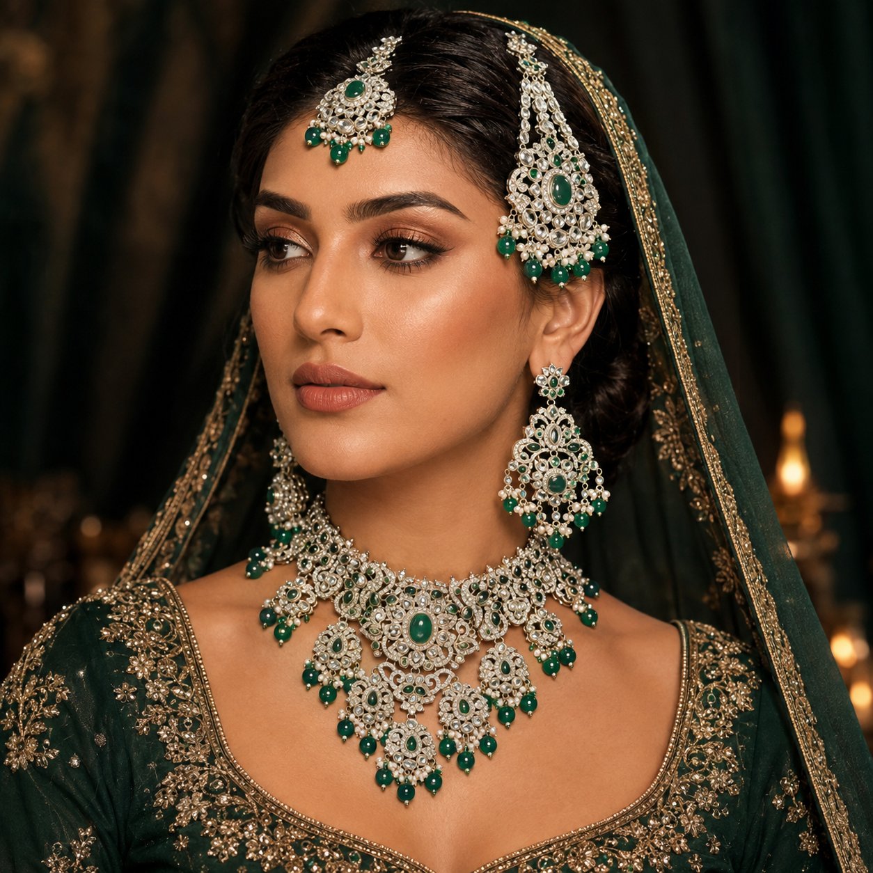 Noor-e-Mahal emerald green kundan bridal jewellery set model view