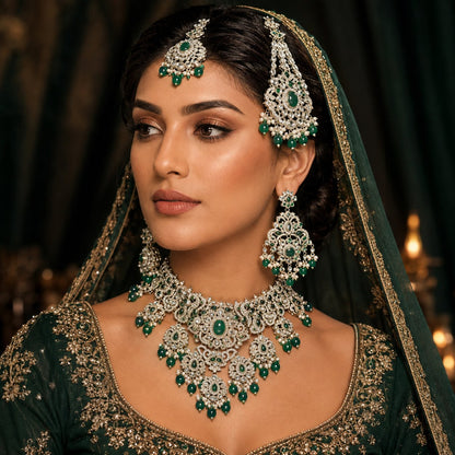 Noor-e-Mahal emerald green kundan bridal jewellery set model view