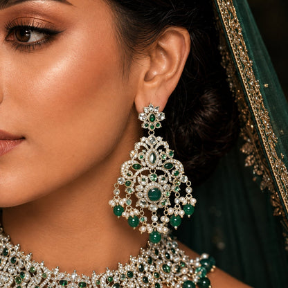 Noor-e-Mahal emerald green bridal earrings model close-up