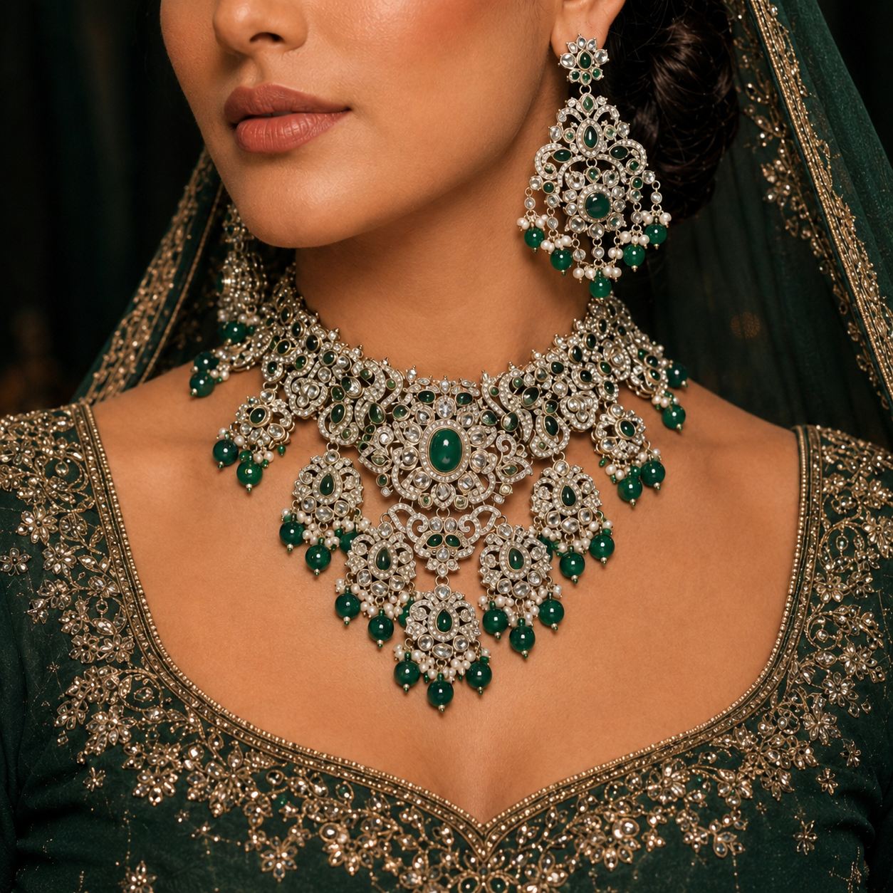 Noor-e-Mahal emerald green bridal necklace model close-up