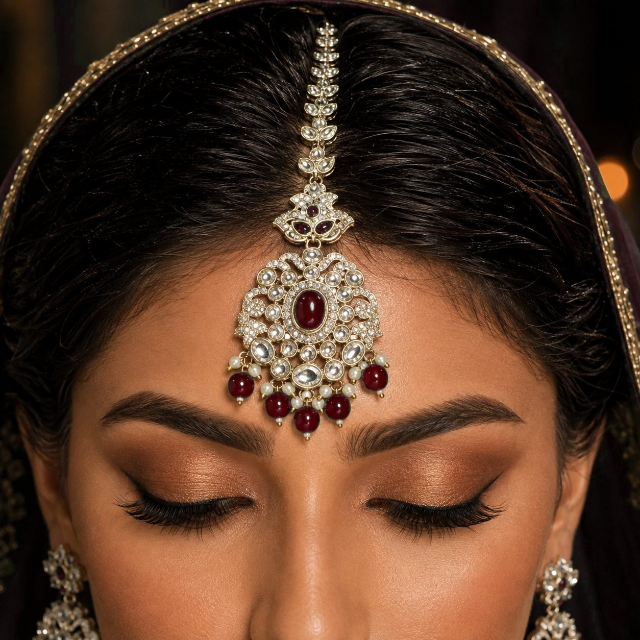 Noor-e-Mahal ruby red kundan maang tikka