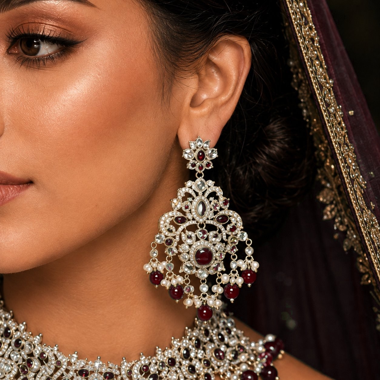 Noor-e-Mahal ruby red bridal earrings model close-up