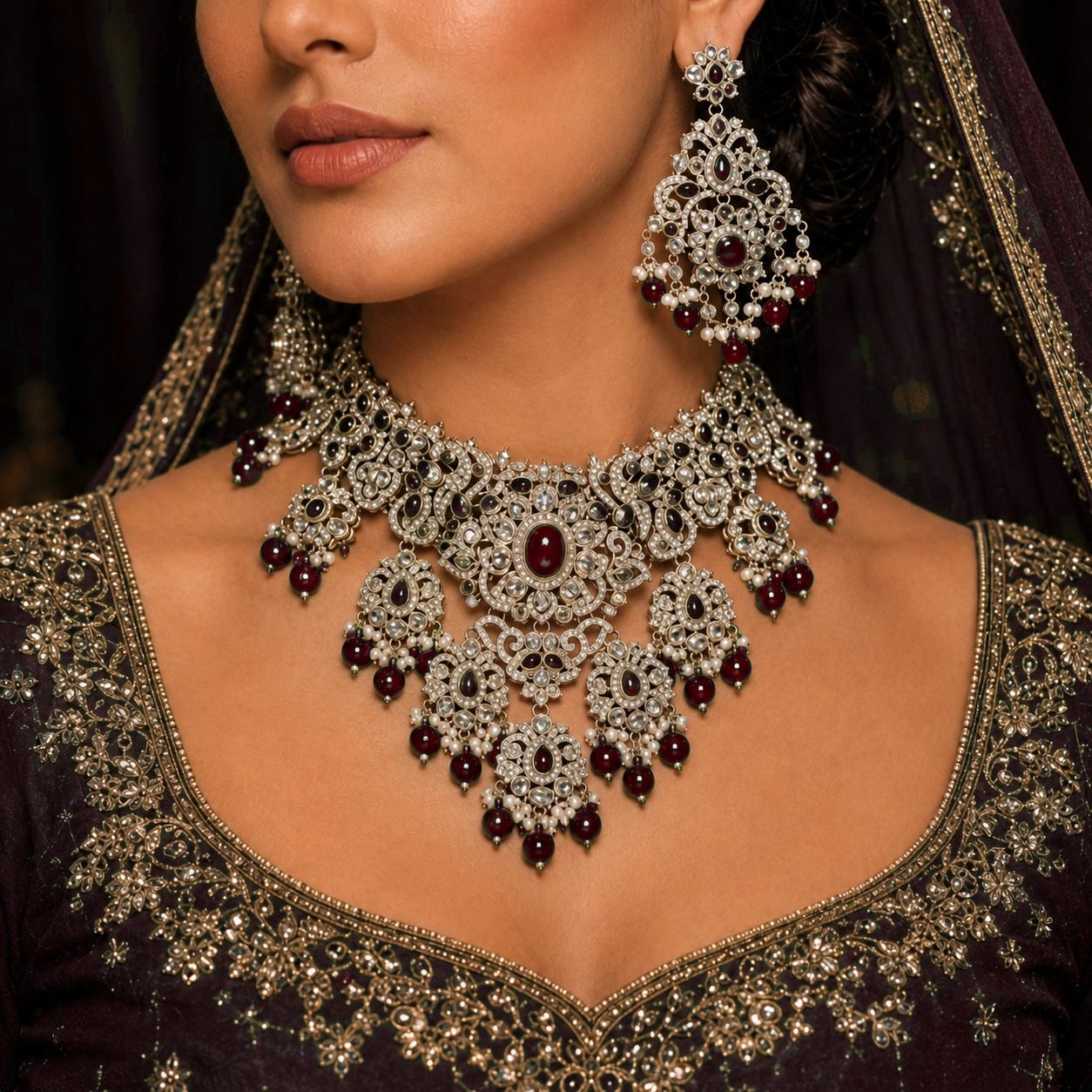 Noor-e-Mahal ruby red bridal necklace model close-up