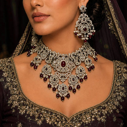 Noor-e-Mahal ruby red bridal necklace model close-up
