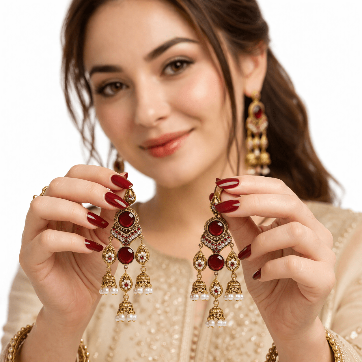 Antique Gold Jhumka Chandelier Earrings – Ruby Kundan & Pearl Drops - Riwaaj