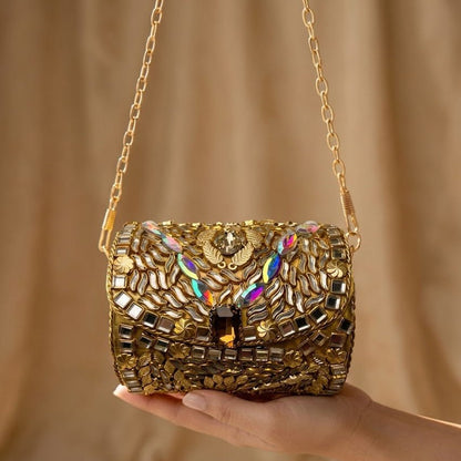 Kundan Gold Floral Clutch – Bridal Evening Bag with Chain - Riwaaj