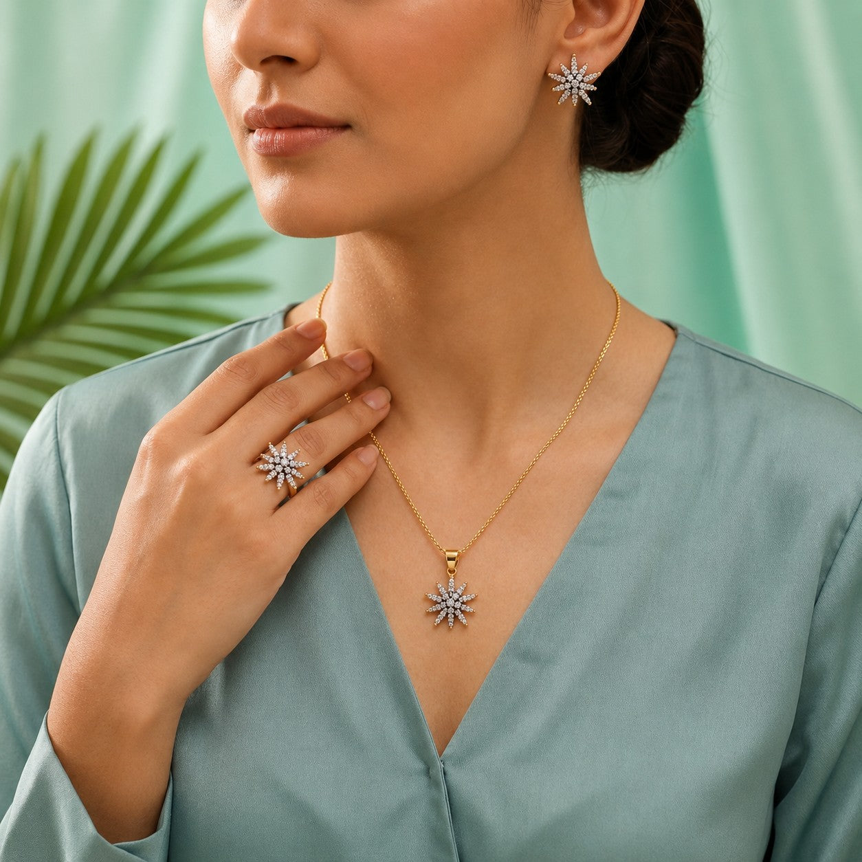 Rhinestone Flower Combo – Studs, Pendant & Ring
