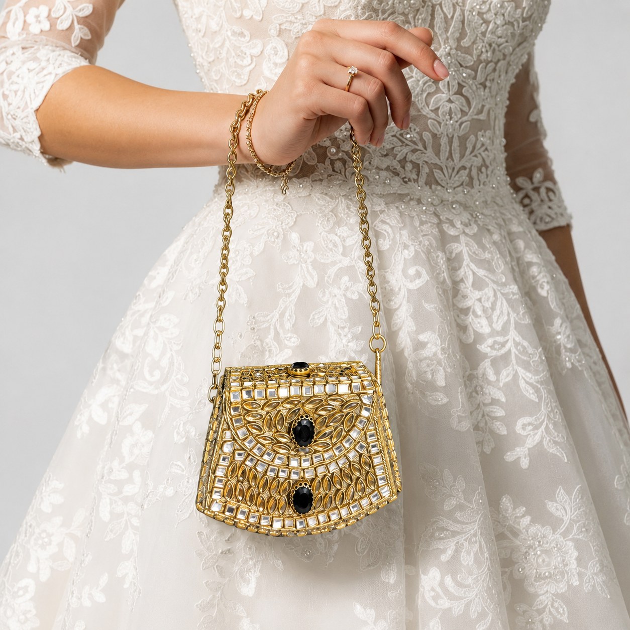 Gold Kundan Mirror Clutch with Chain Strap | Black Onyx Accent