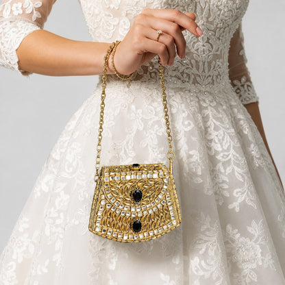 Gold Kundan Mirror Clutch with Chain Strap | Black Onyx Accent