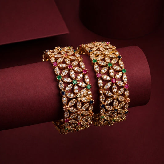 Gold Openwork CZ Pair of Bangles