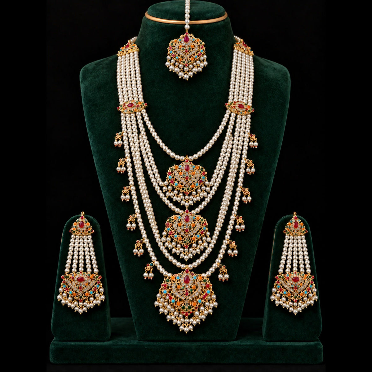 Multicolour Pearl Mala Long Necklace Set with Earrings & Maang Tikka