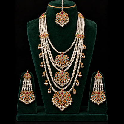 Multicolour Pearl Mala Long Necklace Set with Earrings & Maang Tikka
