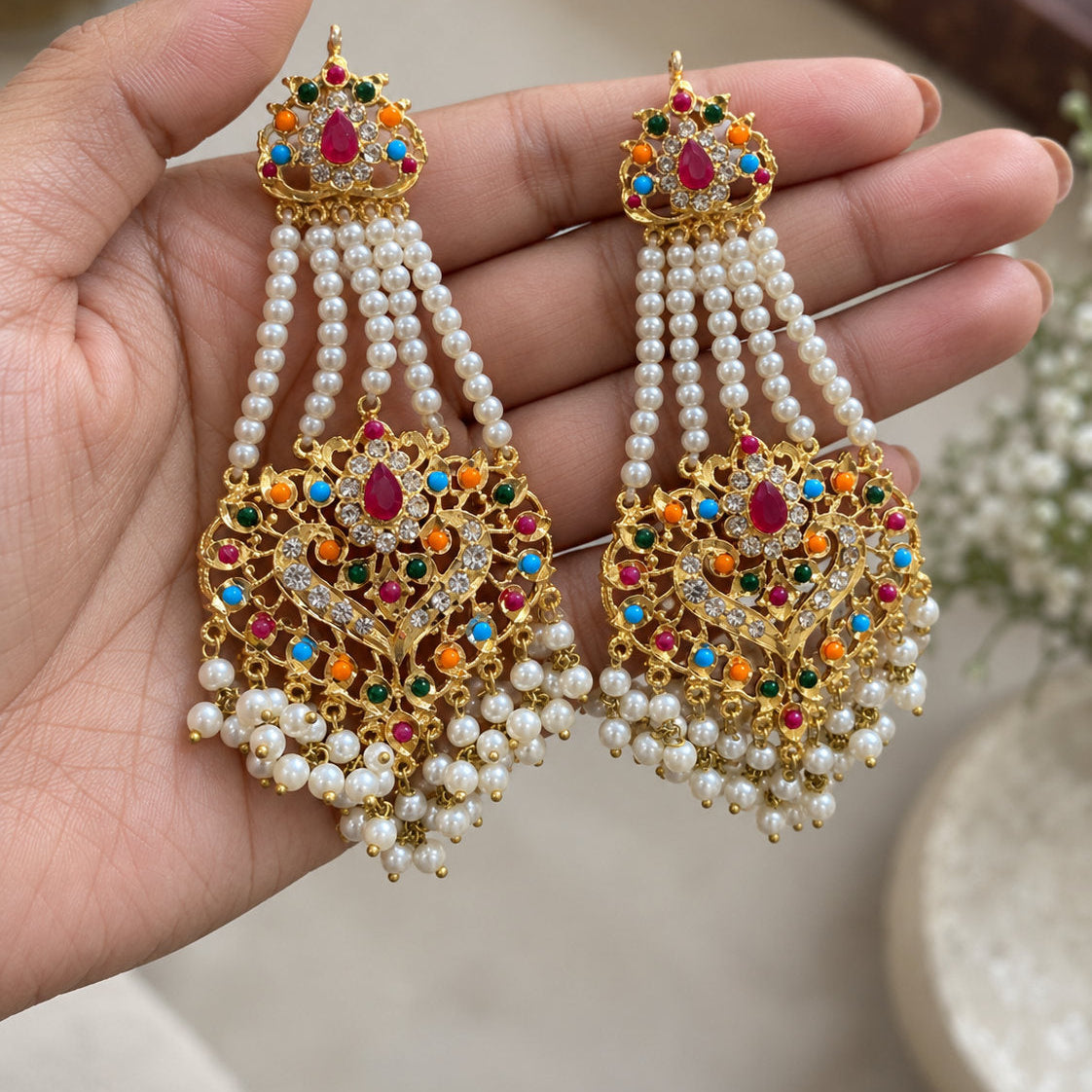 Multicolour Pearl Mala Long Necklace Set with Earrings & Maang Tikka