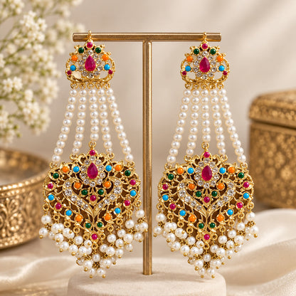 Multicolour Pearl Mala Long Necklace Set with Earrings & Maang Tikka
