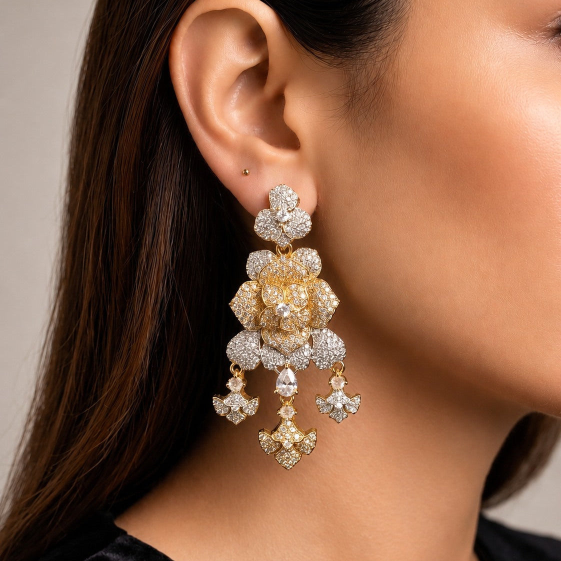 Gold Floral Pavé Statement Drop Earrings