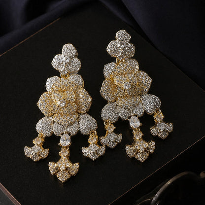 Gold Floral Pavé Statement Drop Earrings