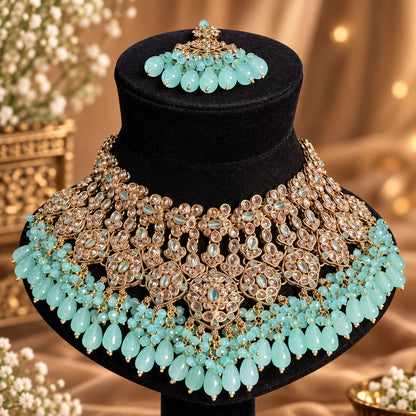 Mehrunisa Polki Kundan Grand Bridal Choker Set Mint Green
