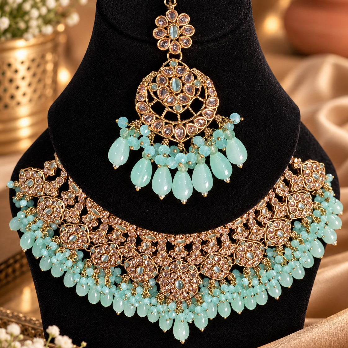 Mehrunisa Polki Kundan Grand Bridal Choker Set Mint Green