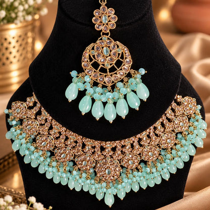 Mehrunisa Polki Kundan Grand Bridal Choker Set Mint Green