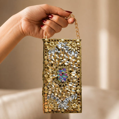 Kundan Gem Clutch – Bridal Evening Bag with Chain