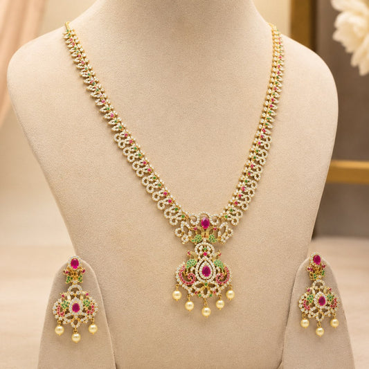 Ruby Emerald Long Mala Necklace Set