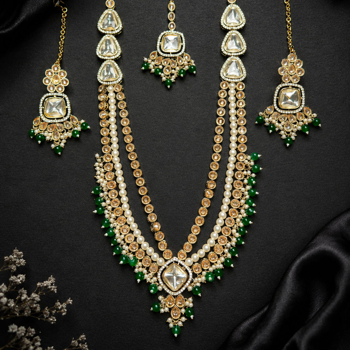 Kundan Pearl Mala Necklace Set with Teeka