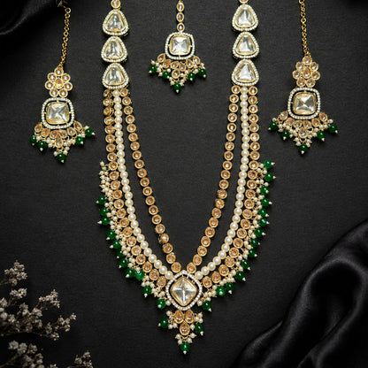 Kundan Pearl Mala Necklace Set with Teeka