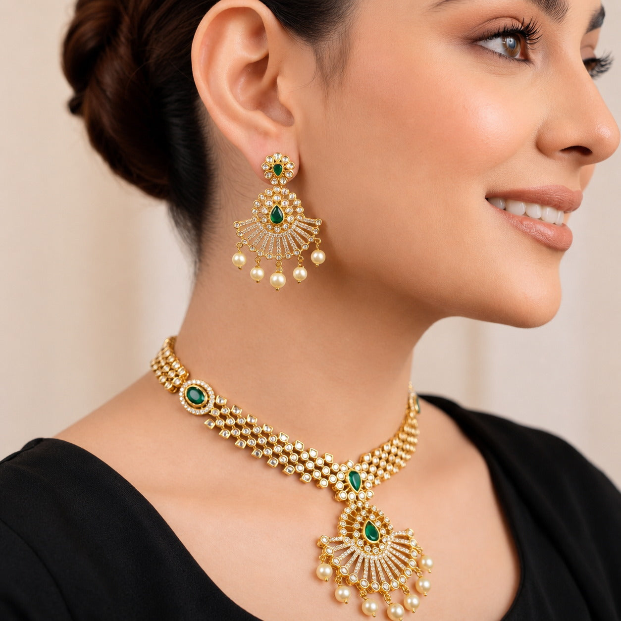 Gold Polki Choker Necklace & Earrings Set | Green & Ruby
