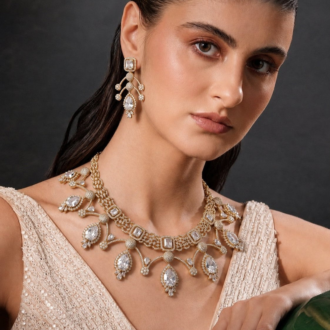 Gold Crystal Pear Drop Necklace Set