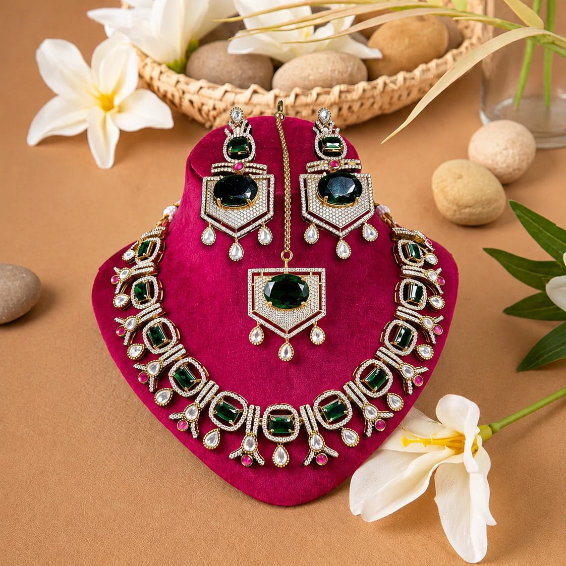 Emerald Green Polki Necklace, Earrings & Teeka Set