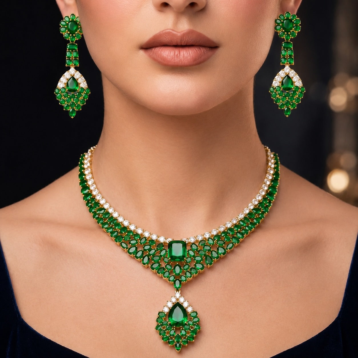 Emerald CZ Floral Cluster Necklace Set
