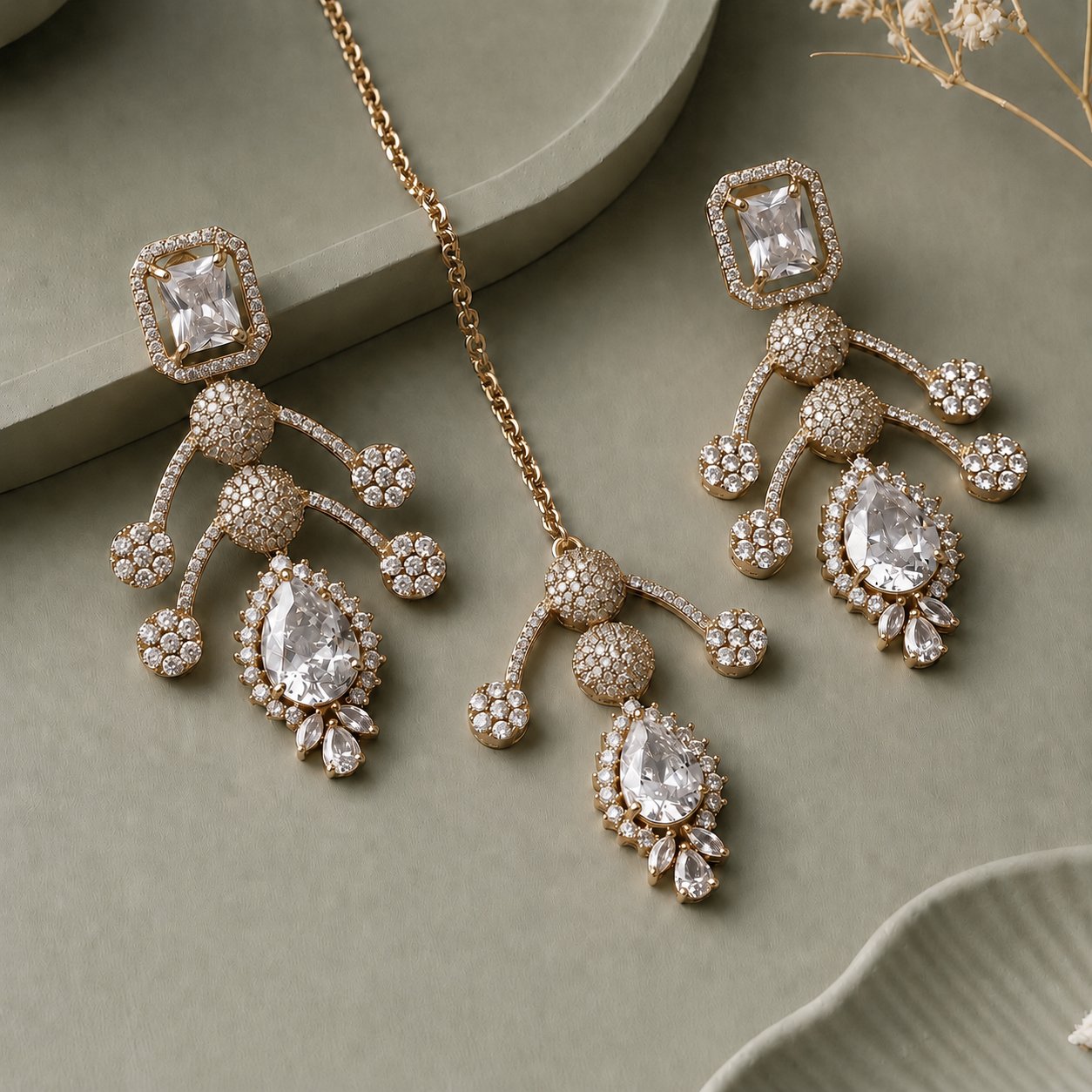 Gold Crystal Pear Drop Necklace Set
