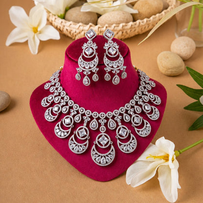 Silver Diamond Statement Necklace & Chandelier Earrings Set