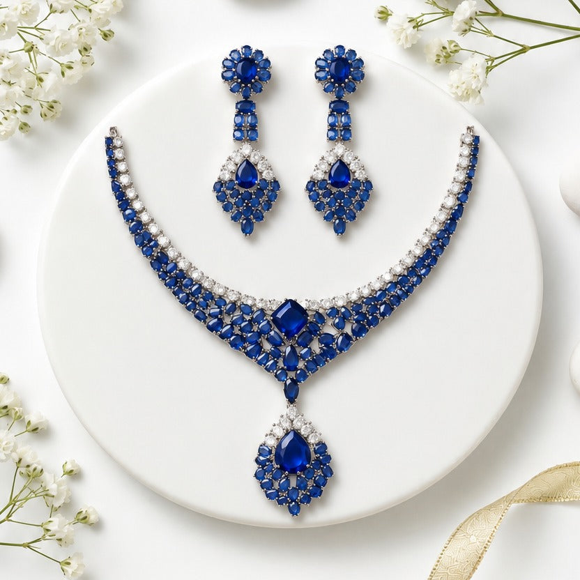 Emerald CZ Floral Cluster Necklace Set