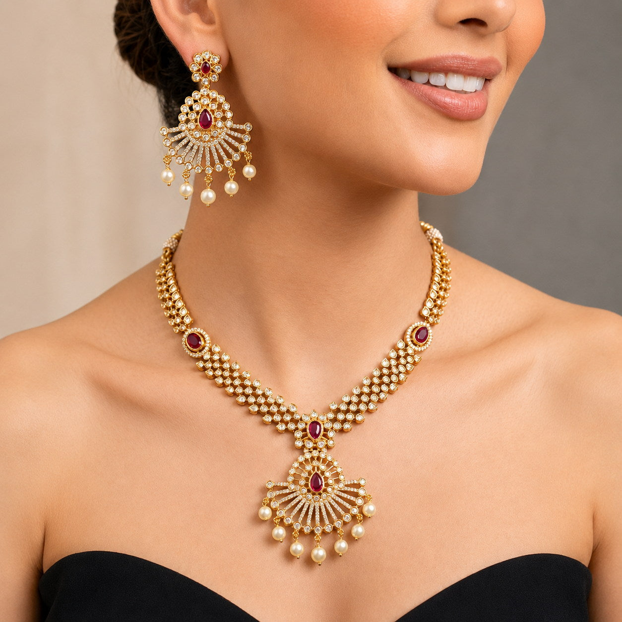 Gold Polki Choker Necklace & Earrings Set | Green & Ruby