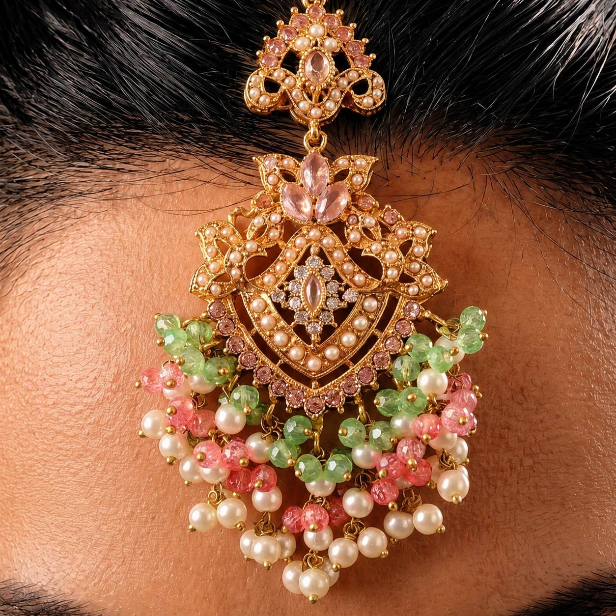 Pink & Green Chandbali Jewelry Set with Pearl Drops