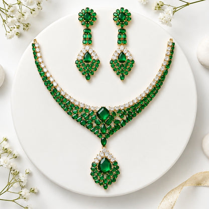 Emerald CZ Floral Cluster Necklace Set