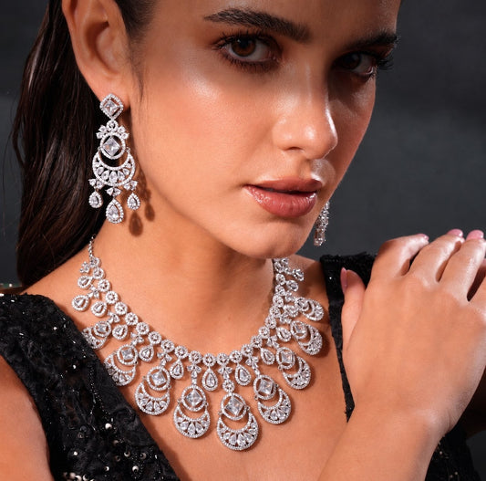 Silver Diamond Statement Necklace & Chandelier Earrings Set
