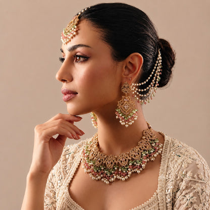 Pink & Green Chandbali Jewelry Set with Pearl Drops