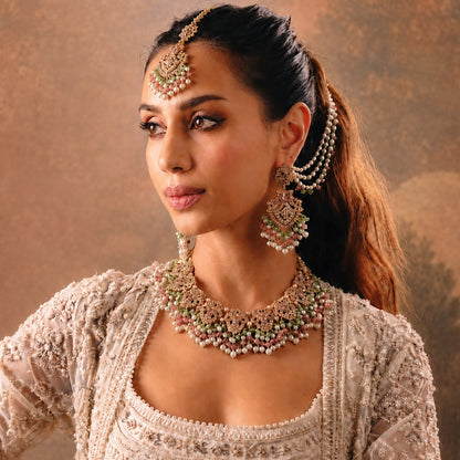 Pink & Green Chandbali Jewelry Set with Pearl Drops