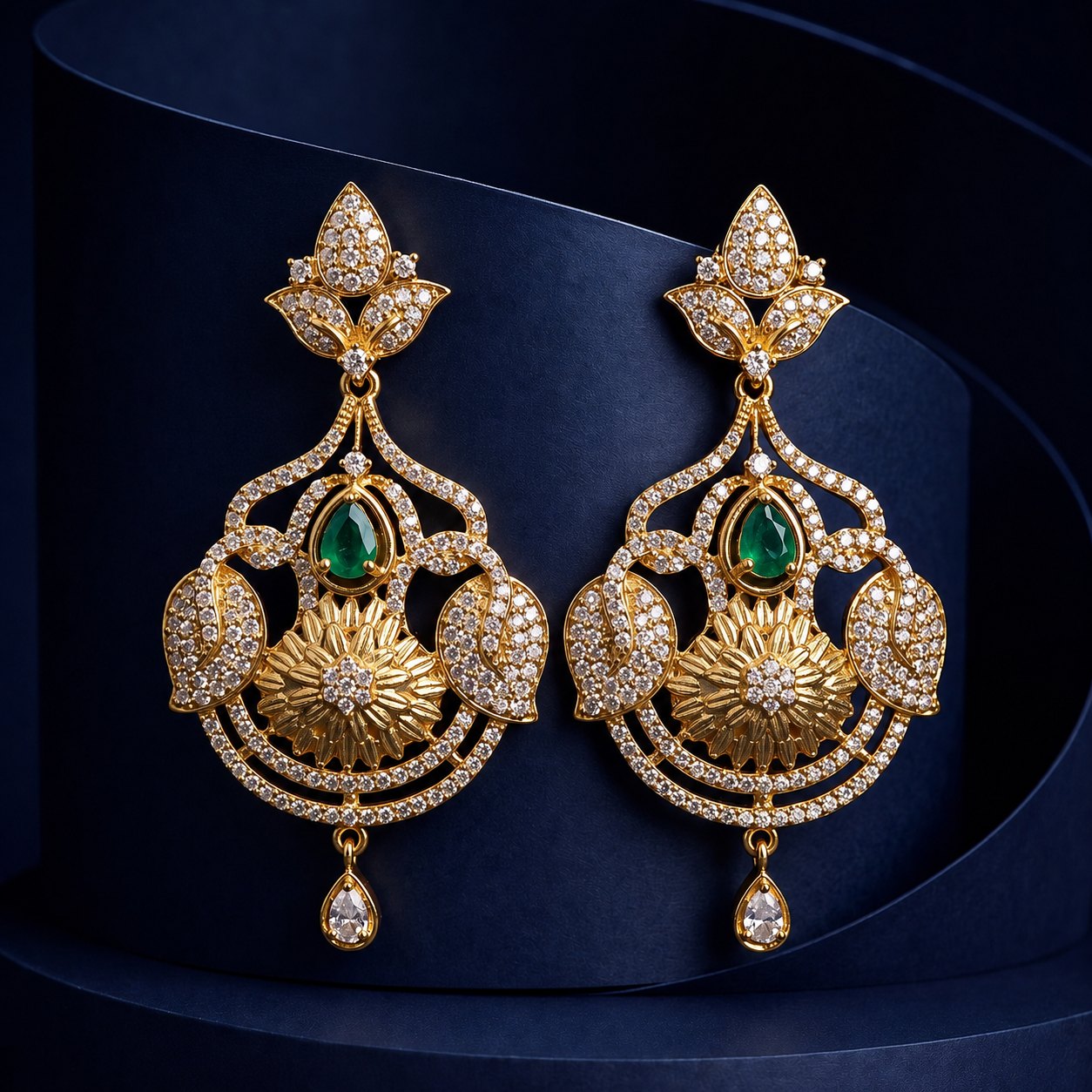 Floral Filigree Drop Earrings | Gold CZ Chandelier with Pear Stone