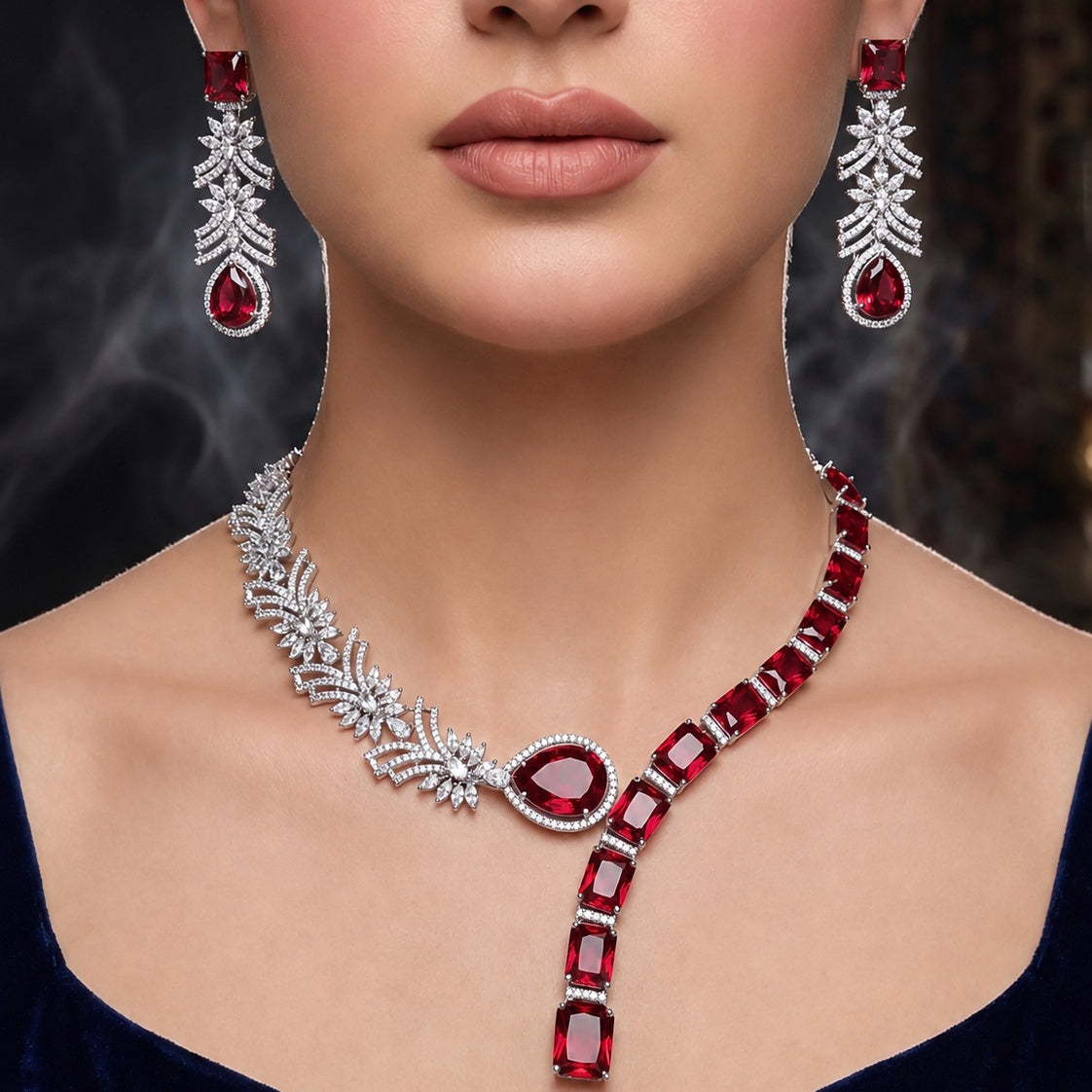 Ruby CZ Asymmetric Statement Jewellery Set