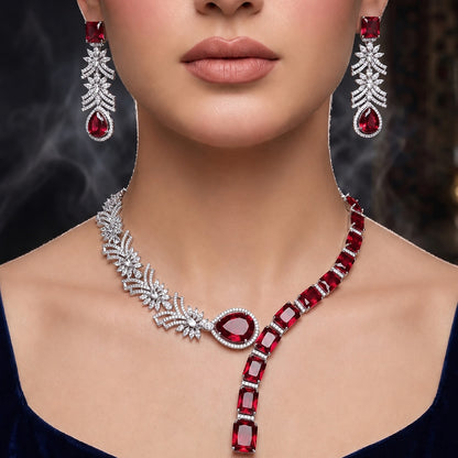 Ruby CZ Asymmetric Statement Jewellery Set