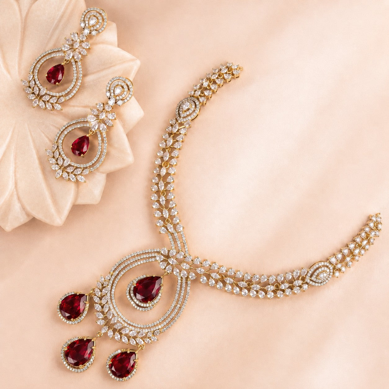 Ruby CZ Cascading Halo Statement Set