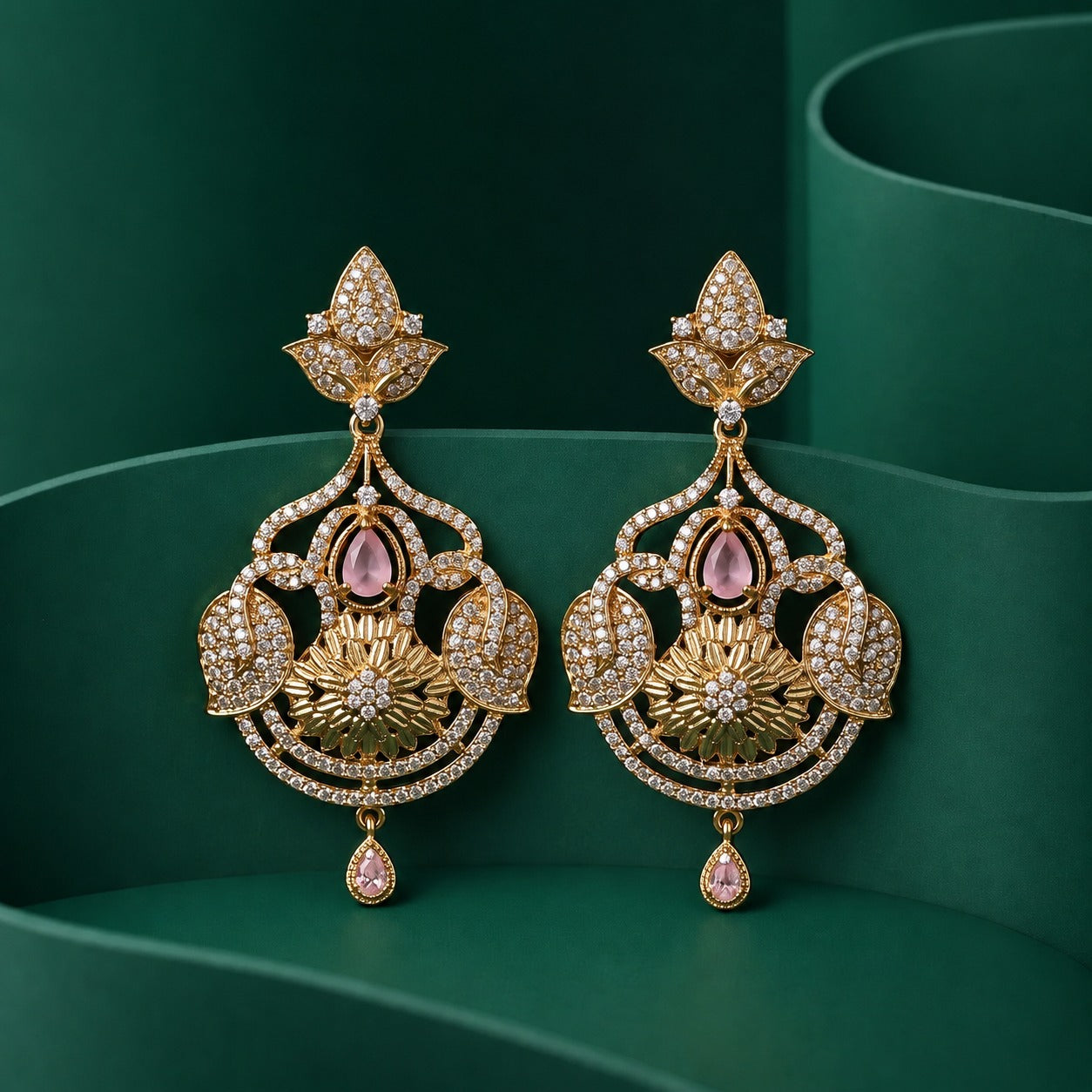 Floral Filigree Drop Earrings | Gold CZ Chandelier with Pear Stone