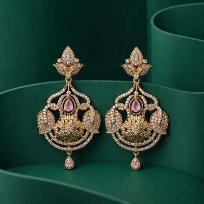 Floral Filigree Drop Earrings | Gold CZ Chandelier with Pear Stone