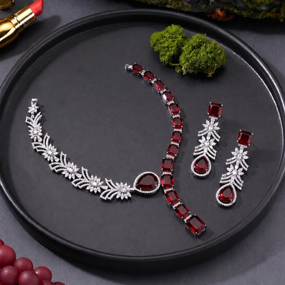 Ruby CZ Asymmetric Statement Jewellery Set