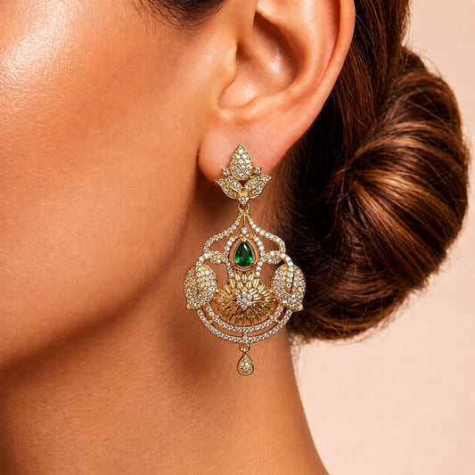 Floral Filigree Drop Earrings | Gold CZ Chandelier with Pear Stone