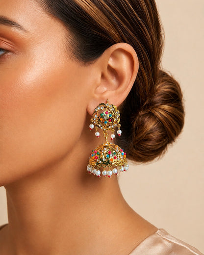 Multicolour Navratan Jhumka Earrings | Gold Filigree Dome with Pearl & Bead Drops