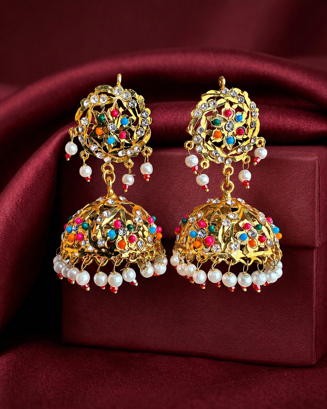 Multicolour Navratan Jhumka Earrings | Gold Filigree Dome with Pearl & Bead Drops